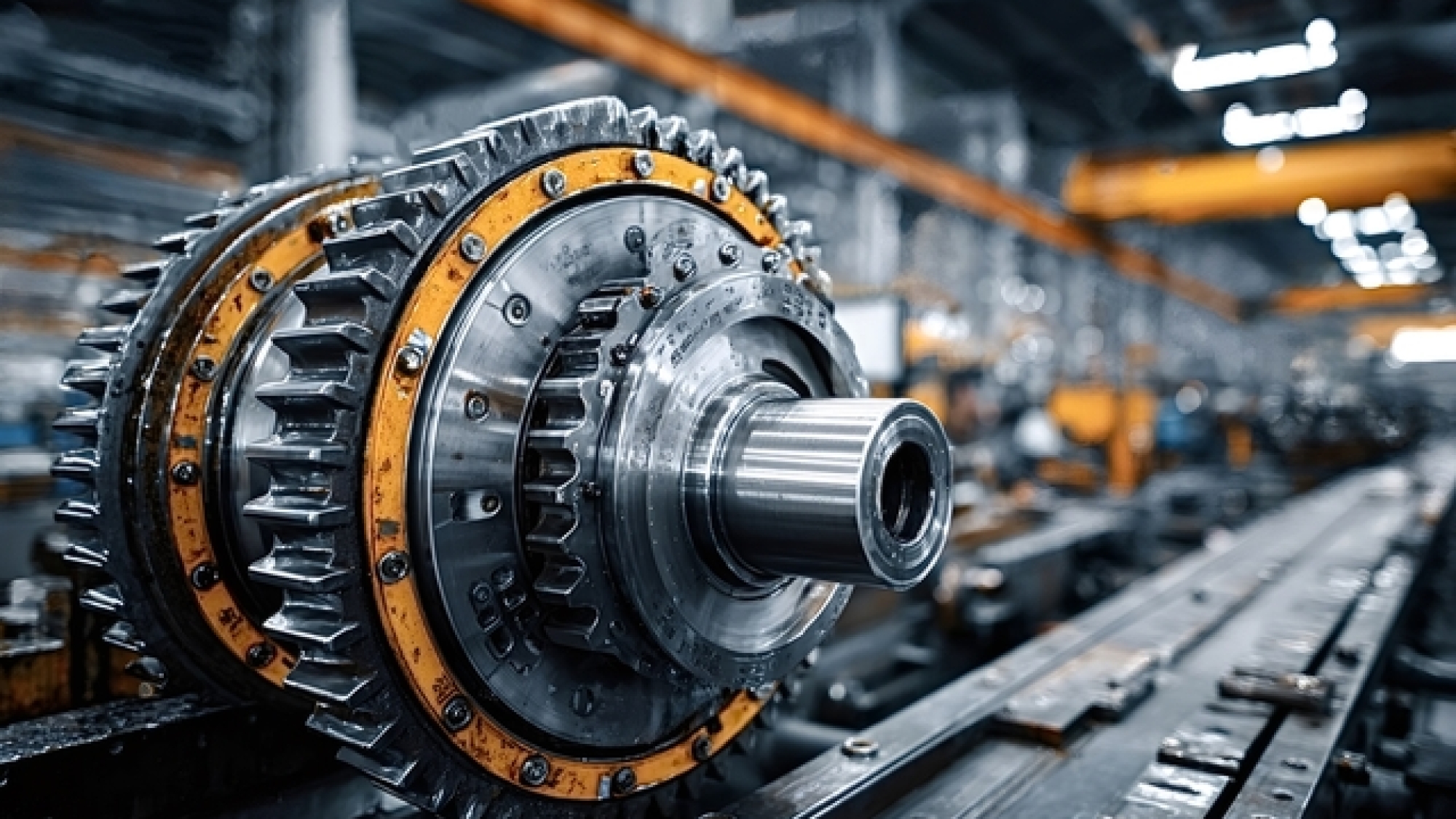 Close up of large gears rotating inside complex machinery in a heavy industrial factory, showcasing the power and precision of modern manufacturing processes