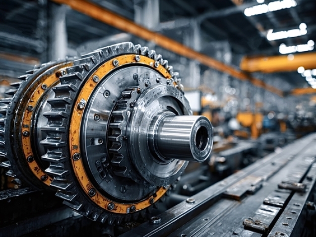 Close up of large gears rotating inside complex machinery in a heavy industrial factory, showcasing the power and precision of modern manufacturing processes