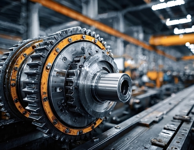Close up of large gears rotating inside complex machinery in a heavy industrial factory, showcasing the power and precision of modern manufacturing processes