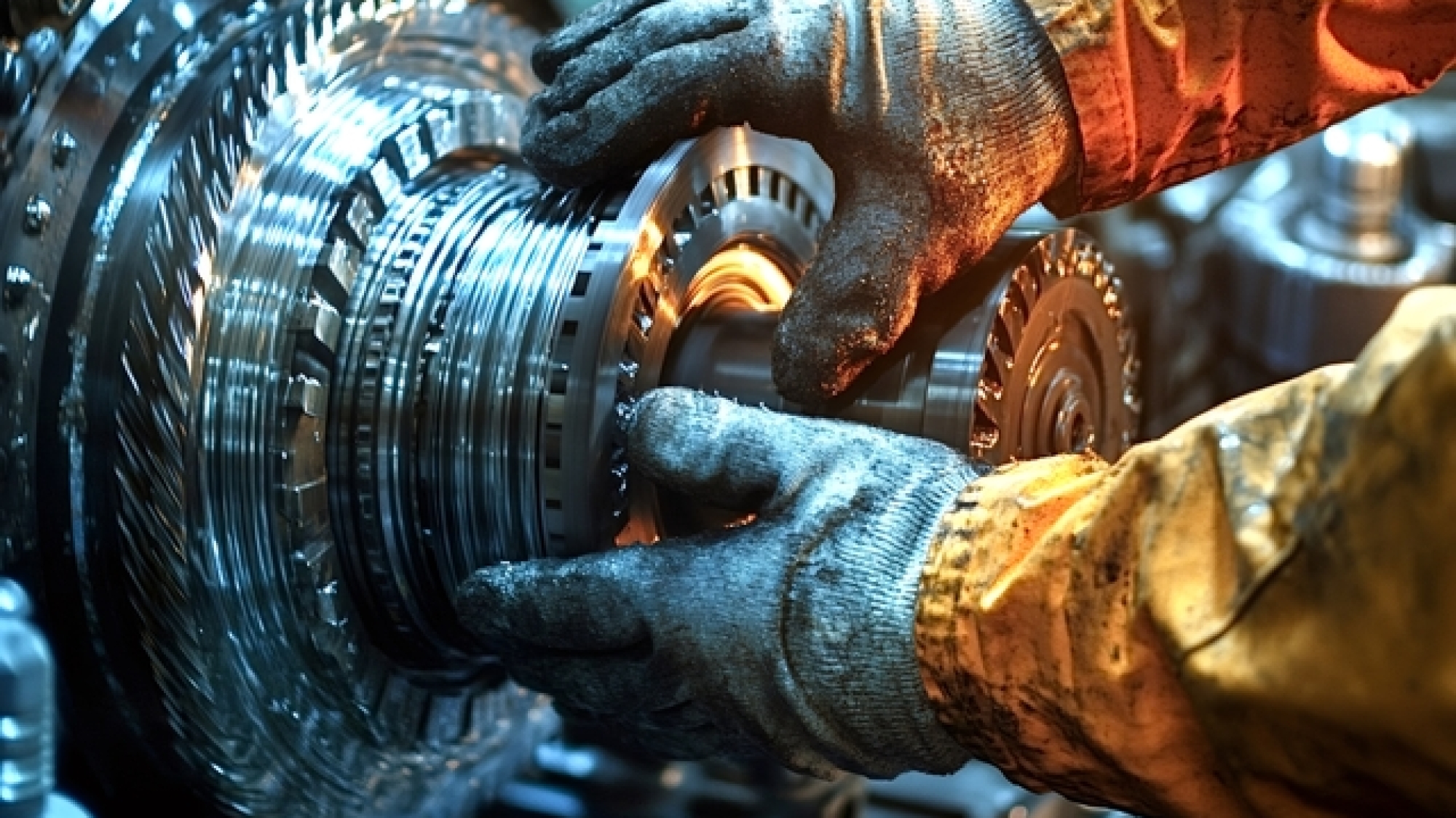 Industrial worker wearing protective gloves carefully assembles a piece of complex machinery, highlighting precision and expertise in a factory setting