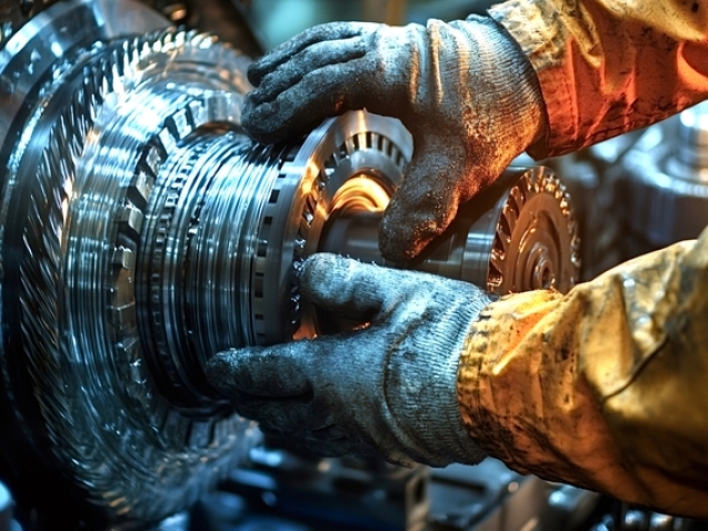 Industrial worker wearing protective gloves carefully assembles a piece of complex machinery, highlighting precision and expertise in a factory setting