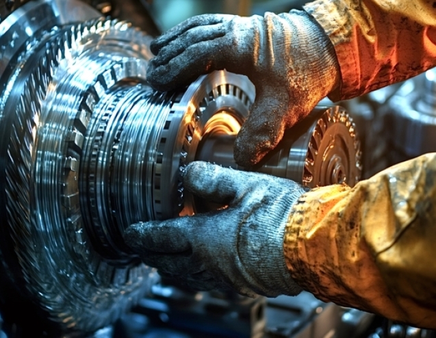 Industrial worker wearing protective gloves carefully assembles a piece of complex machinery, highlighting precision and expertise in a factory setting